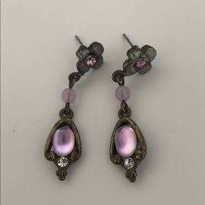 Dangling bronze earrings with pink accents